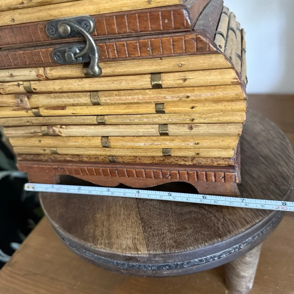 Vintage Bamboo Rattan Wooden Treasure Chest Trinket Box Hinged w/ Metal Latch 6